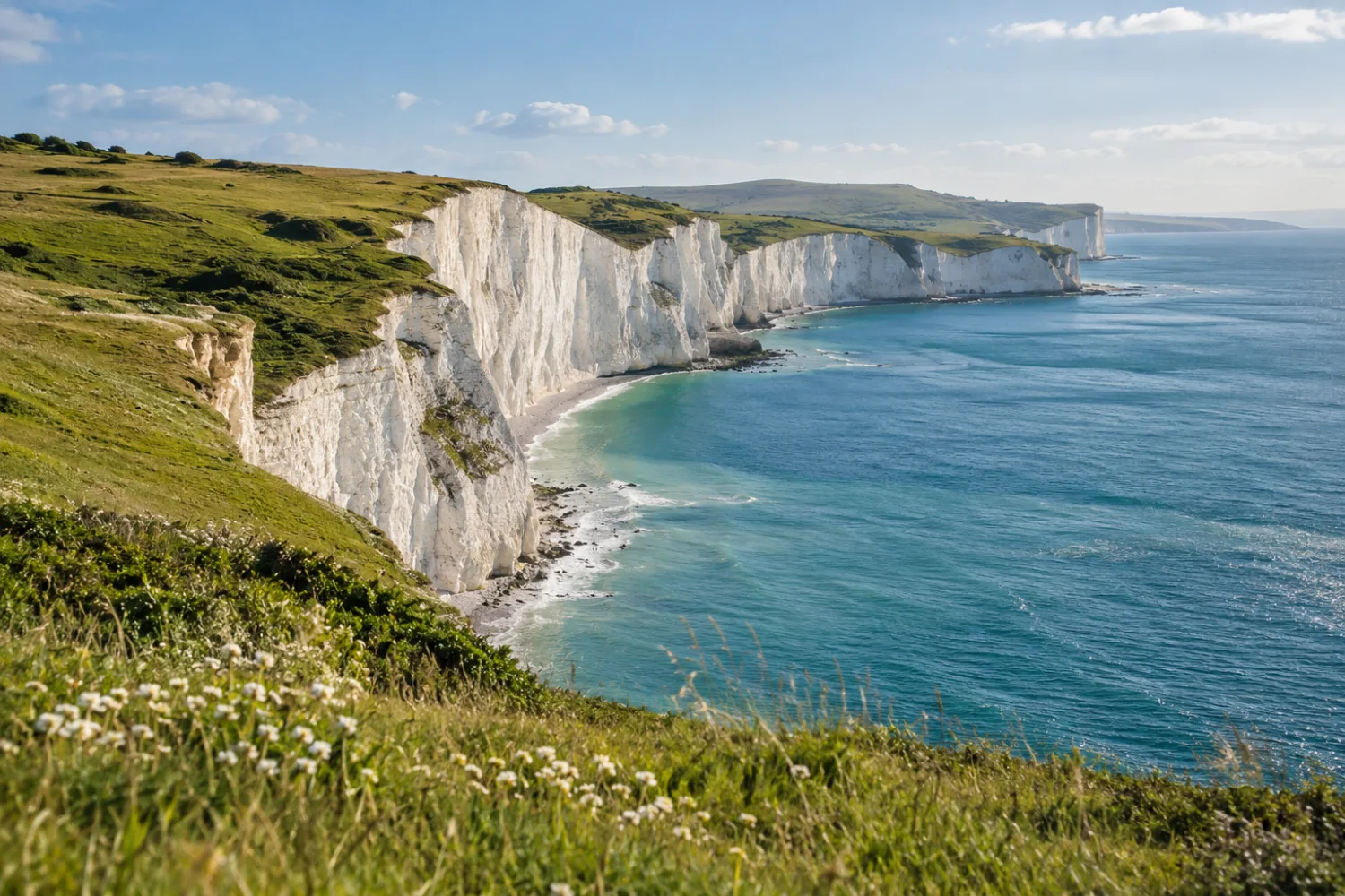 White chalk cliffs above a turquoise bay, with wildflowers in the foreground.